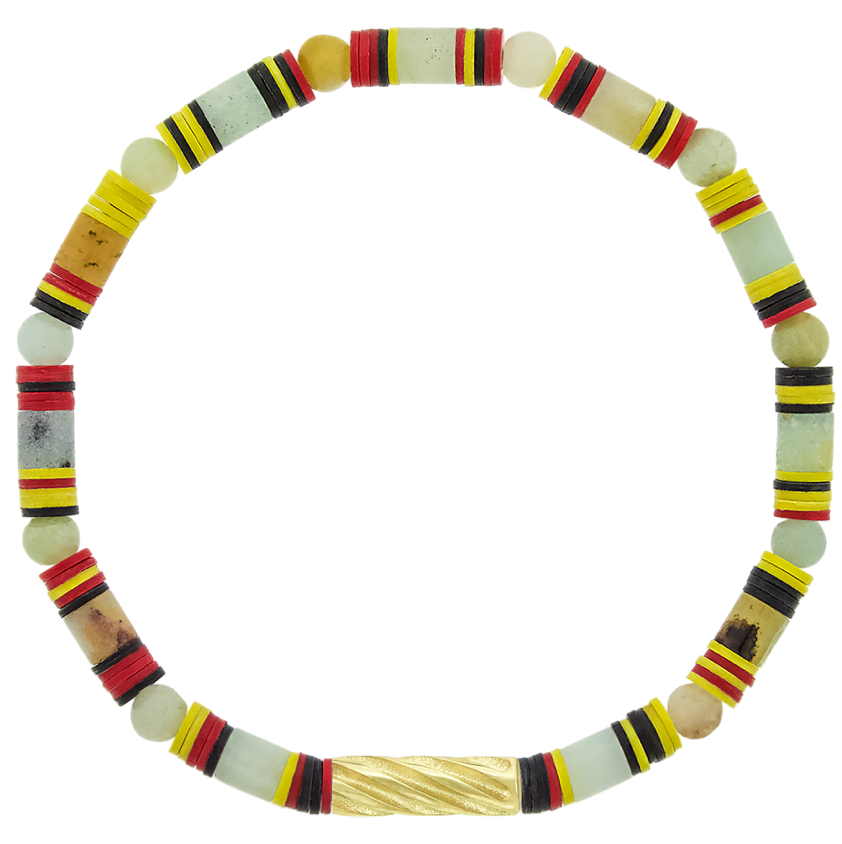 14K yellow gold extended drill bead on a amazonite and vinyl bead bracelet.