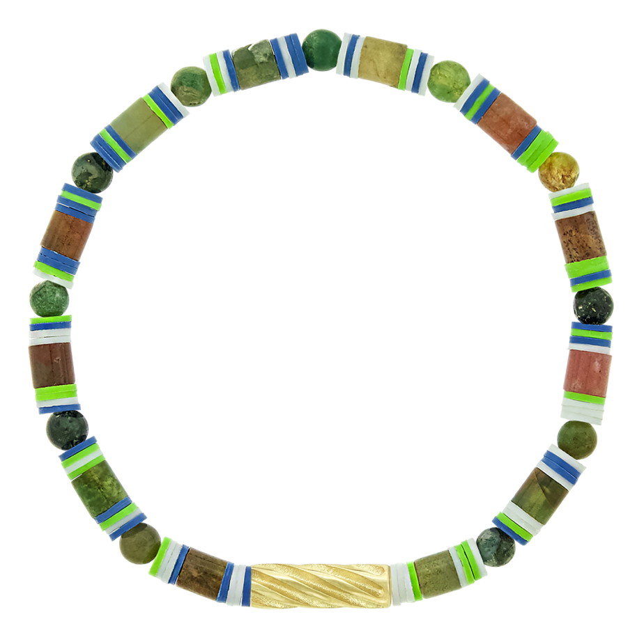 14K yellow gold extended drill bead on an Indian Agate gemstone and vinyl beaded bracelet.