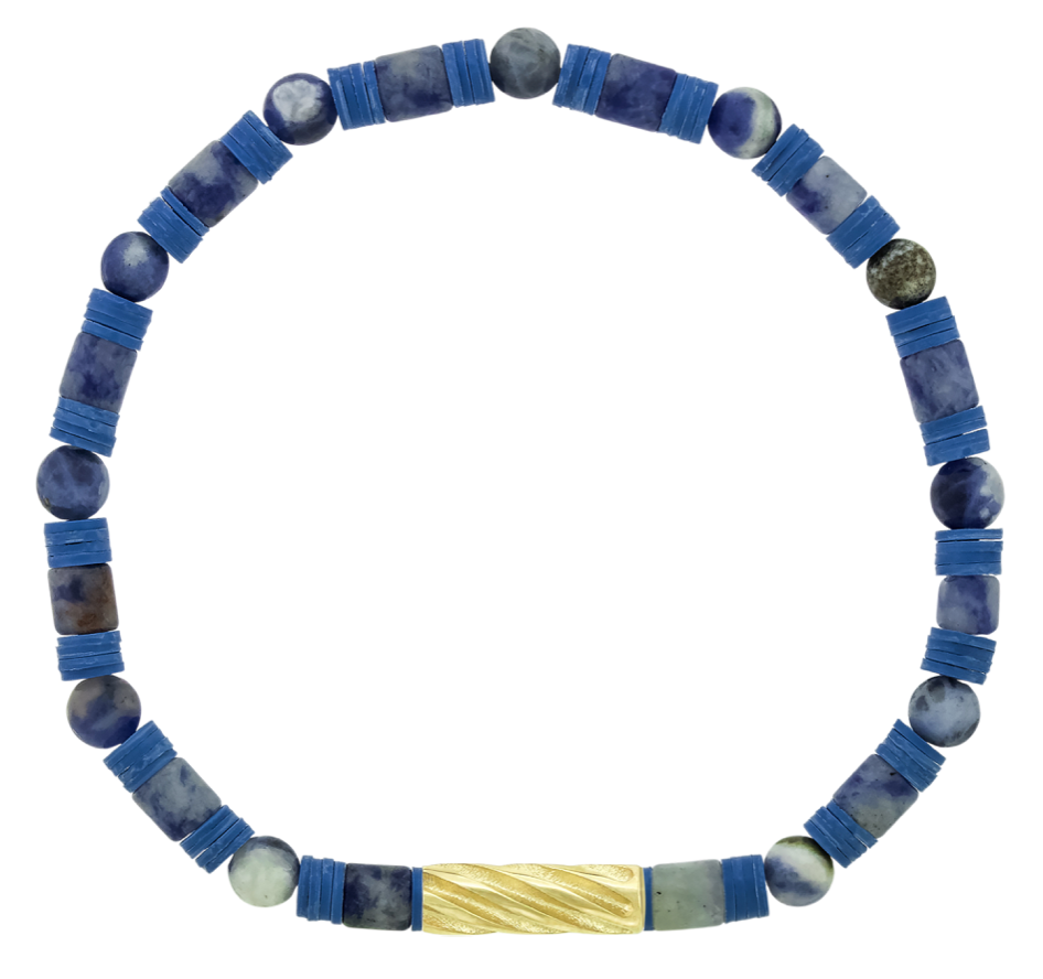 LUIS MORAIS 14K yellow gold extended drill bead on a Blue Sodalite gemstone and vinyl beaded bracelet.