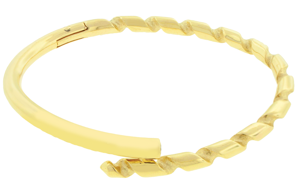 Gold bangle with twisted design on a white background