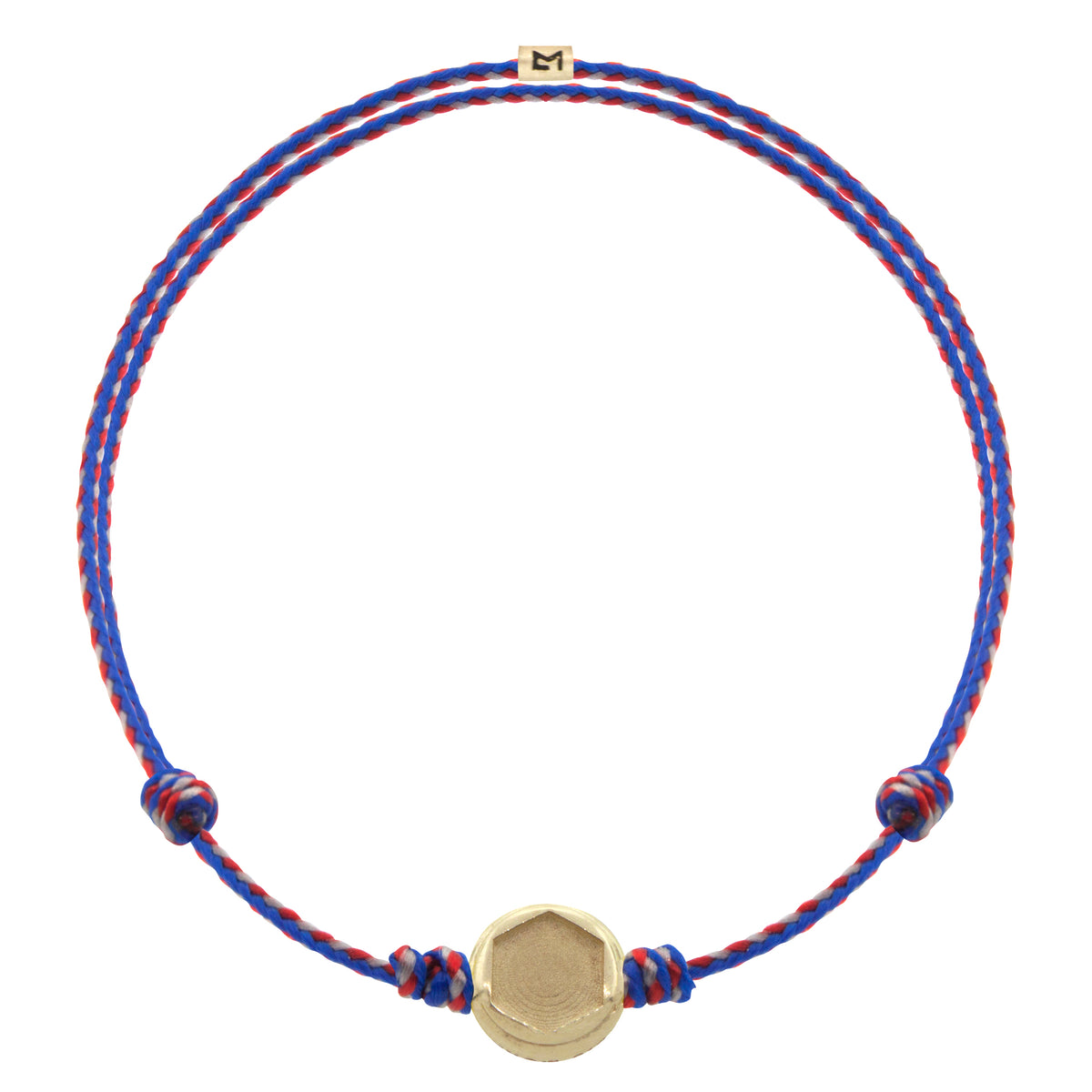 LUIS MORAIS 14K yellow gold small star hex head disk and logo spacer on an adjustable cord bracelet.  
