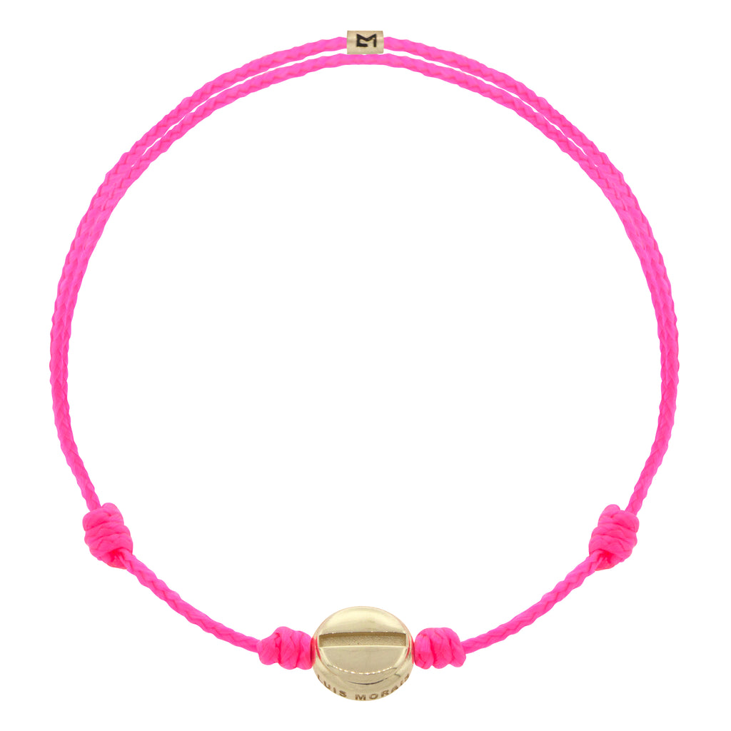 LUIS MORAIS 14K yellow gold small flat head screw disk and logo spacer on an adjustable cord bracelet.  