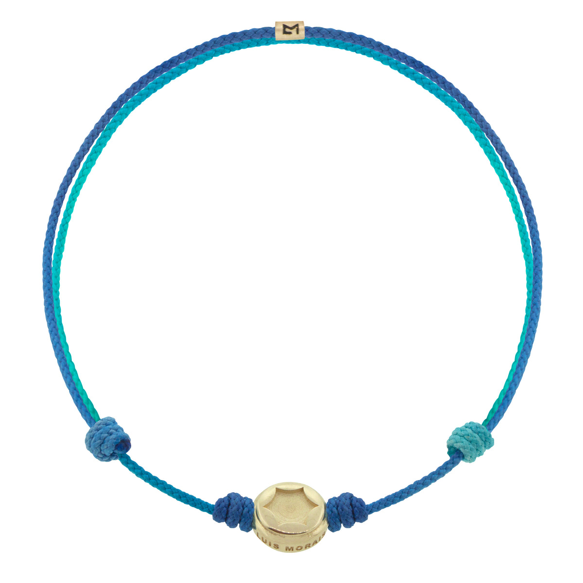 LUIS MORAIS 14K yellow gold small screw head disk and logo spacer on an adjustable cord bracelet.  