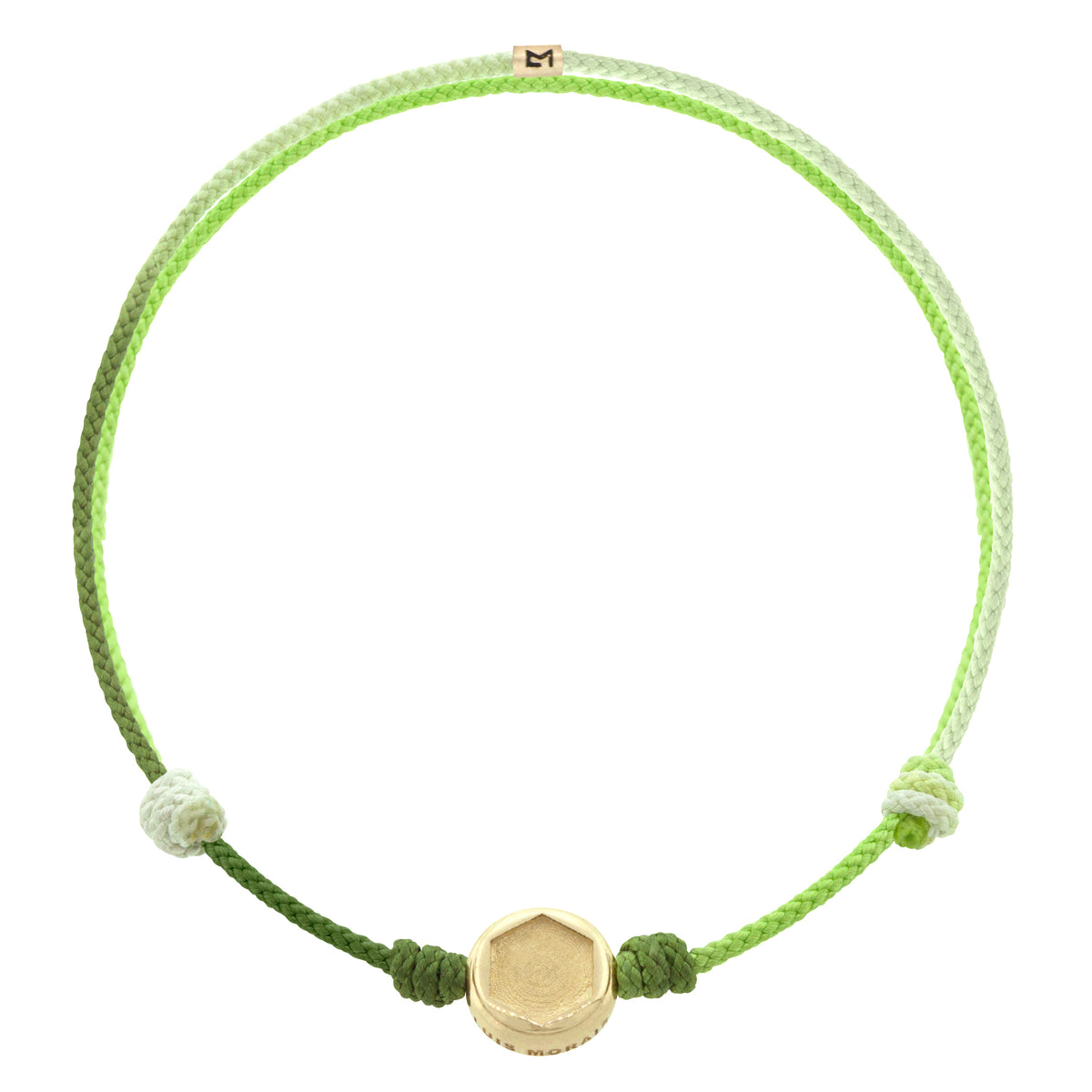 LUIS MORAIS 14K yellow gold small star hex head disk and logo spacer on an adjustable cord bracelet.  
