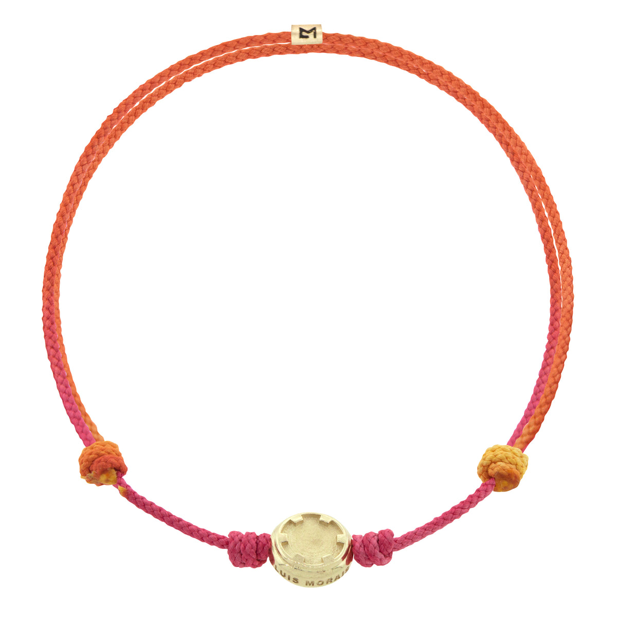LUIS MORAIS 14K yellow gold small torx screw head disk and logo spacer on an adjustable cord bracelet.  