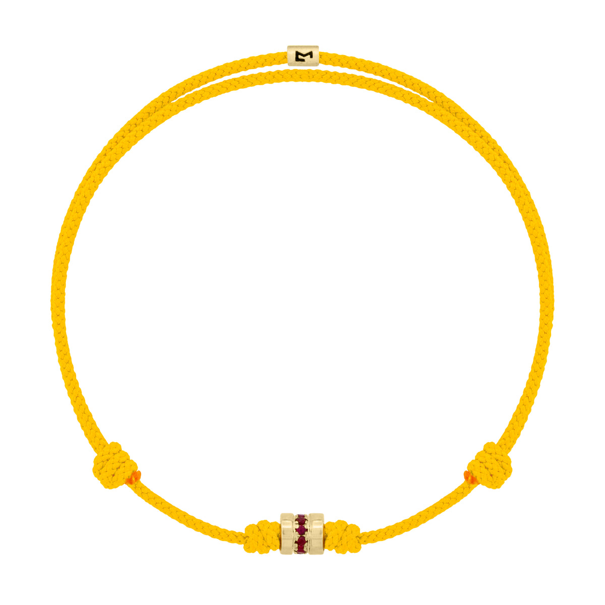 Short Roll with Rubies on a Yellow Cord Bracelet