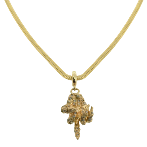 Gold necklace with a textured pendant on a white background