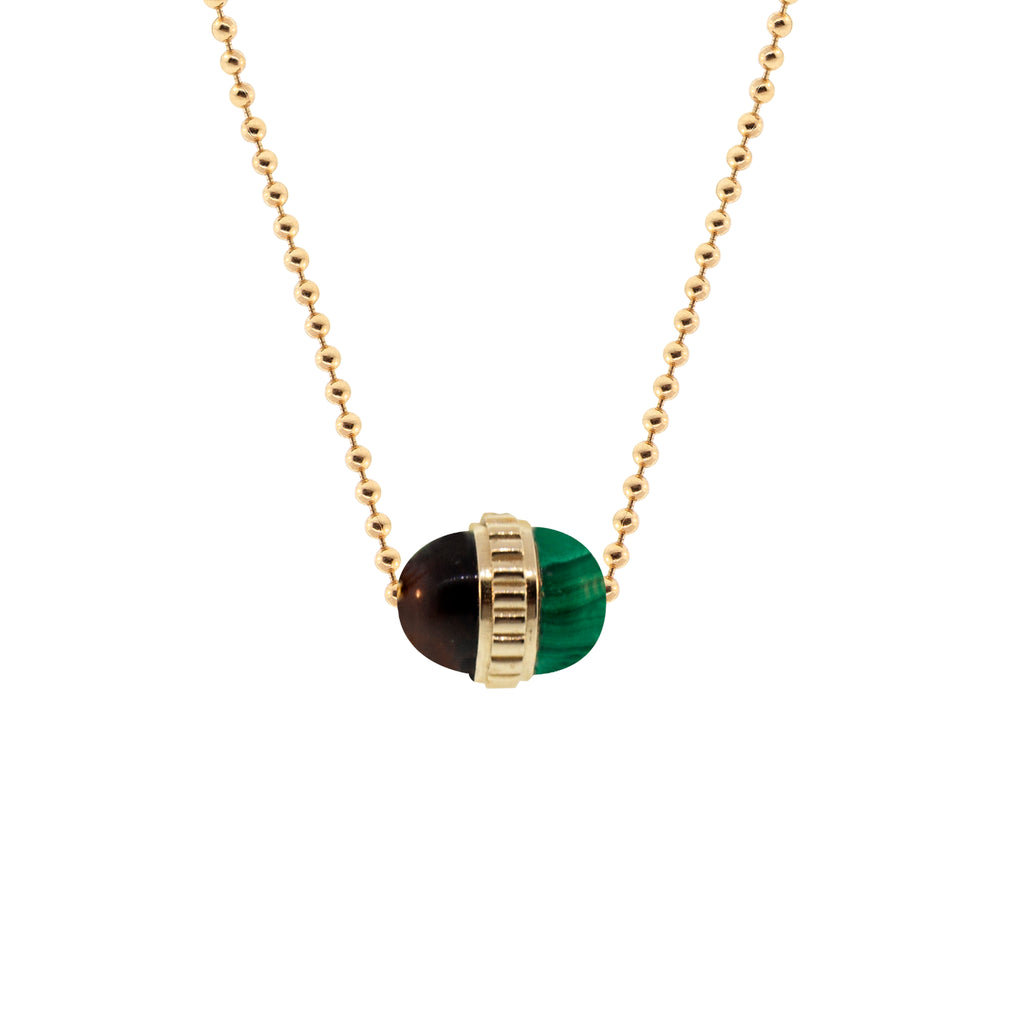 LUIS MORAIS 14K yellow gold vertical ribbed collar pendant with a tiger's eye and malachite cabochon on a 24 inch ball chain necklace. Lobster clasp closure.