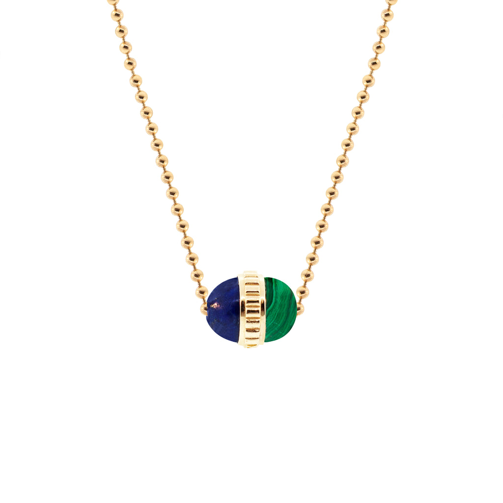 LUIS MORAIS 14K yellow gold vertical smooth collar pendant with a malachite and lapis cabochon on a 24 inch ball chain necklace. Lobster clasp closure.