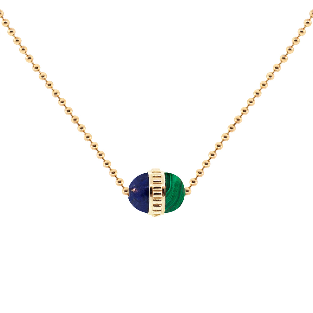 LUIS MORAIS 14K yellow gold vertical smooth collar pendant with a malachite and lapis cabochon on a 24 inch ball chain necklace. Lobster clasp closure.