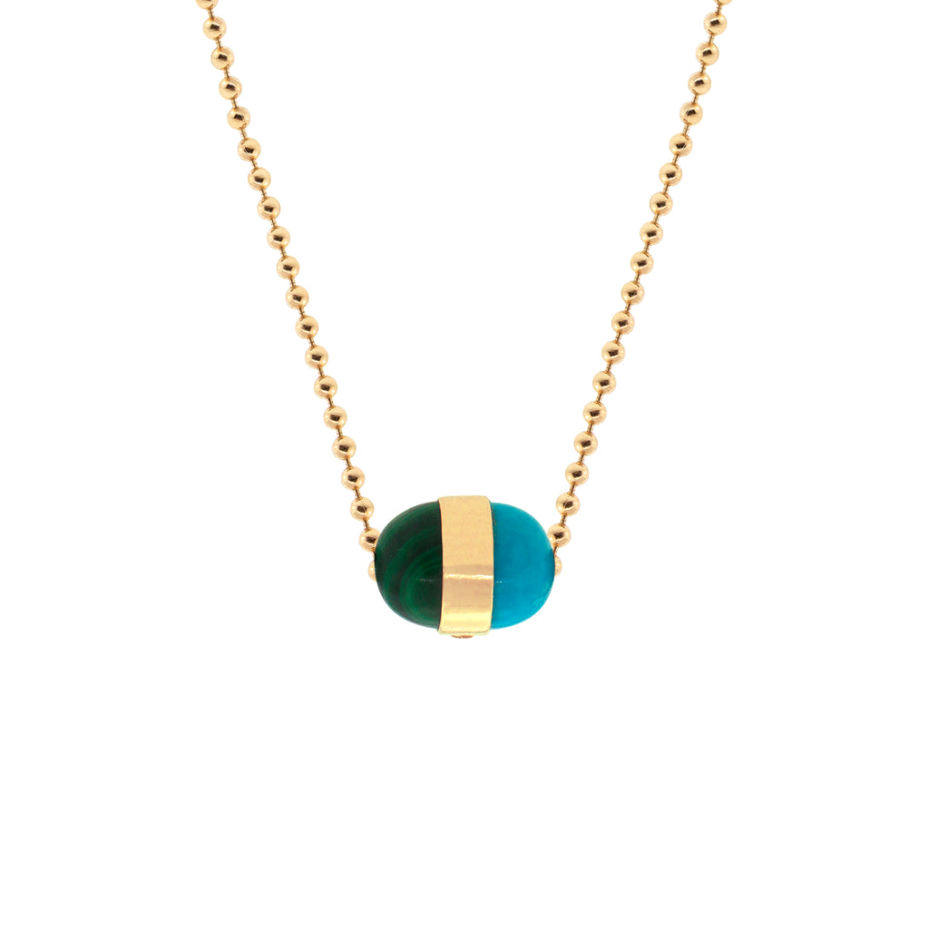LUIS MORAIS 14K yellow gold vertical smooth collar with a malachite and turquoise cabochon pendant on a 24 inch ball chain necklace. Lobster clasp closure.