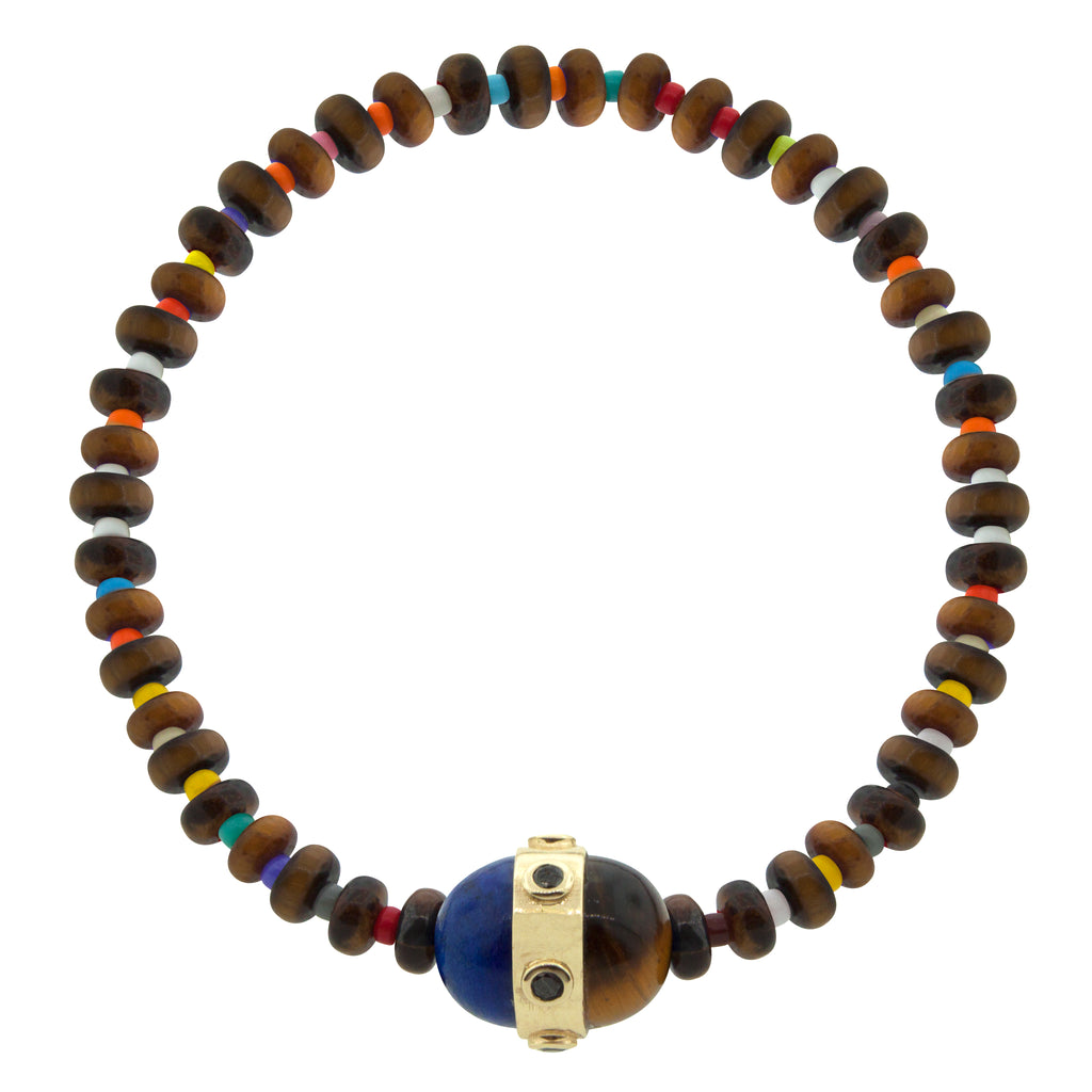 LUIS MORAIS beaded bracelet features tiger's eye and lapis cabochons with a 14K yellow gold vertical collar accented with black diamond bezels.