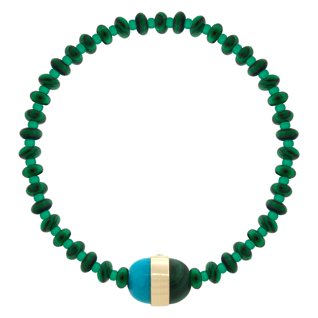14K yellow gold smooth vertical collar with turquoise and malachite cabochons on a glass and malachite beaded bracelet.