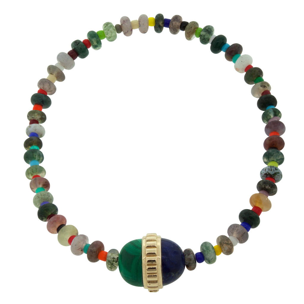 14K yellow gold ribbed vertical collar with lapis and malachite cabochons on an agate and glass beaded bracelet.
