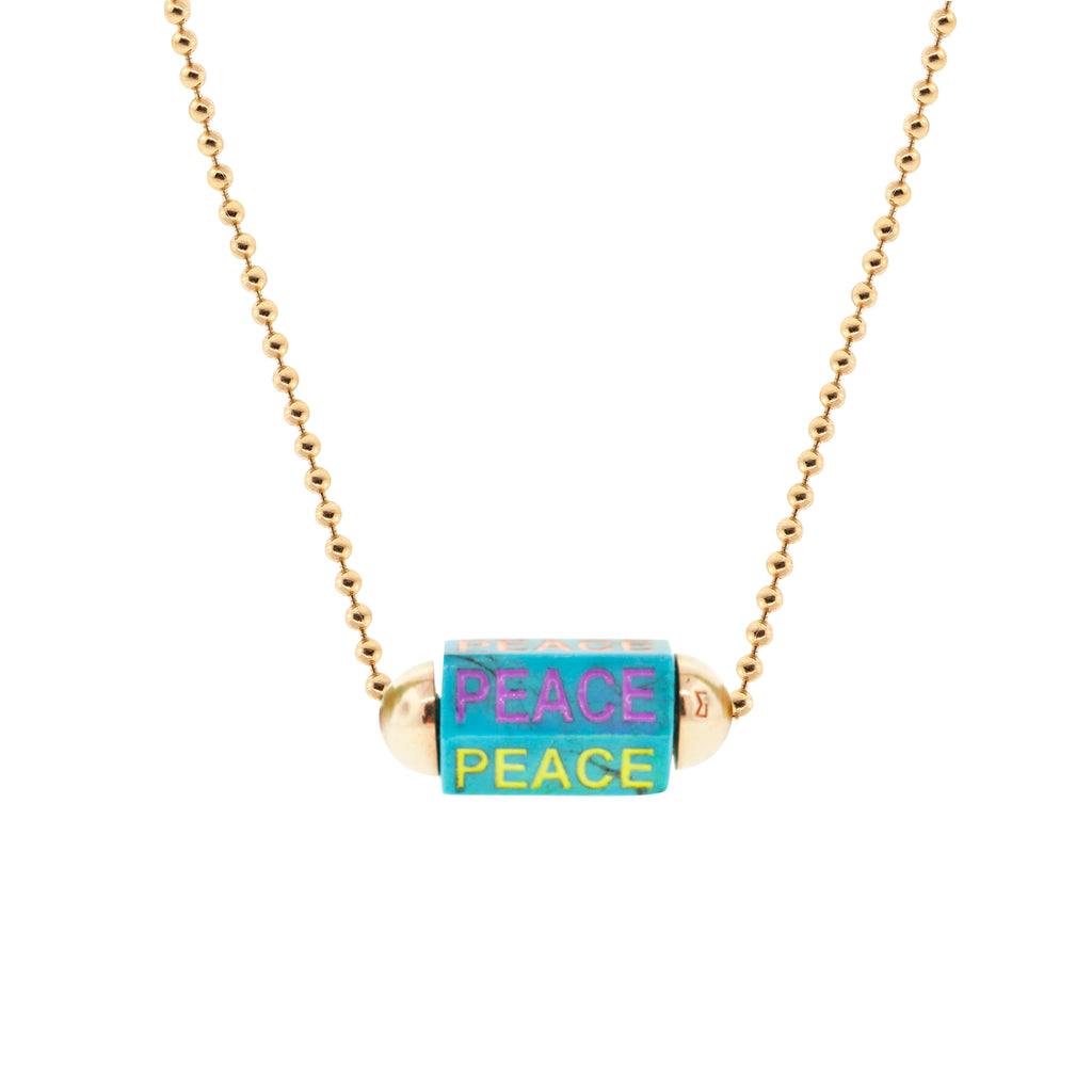 LUIS MORAIS 14K yellow gold  extra large turquoise hexagon gemstone bolt bead with multicolor enameled and carved words on a 24 inch ball chain necklace with lobster clasp closure. 