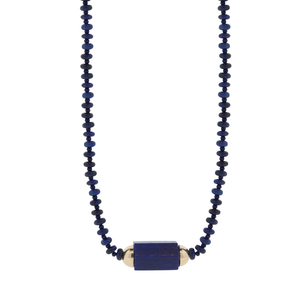 LUIS MORAIS 14K yellow gold lapis hexagon gemstone bolt bead on a 27 inch gemstone and glass beaded necklace.
