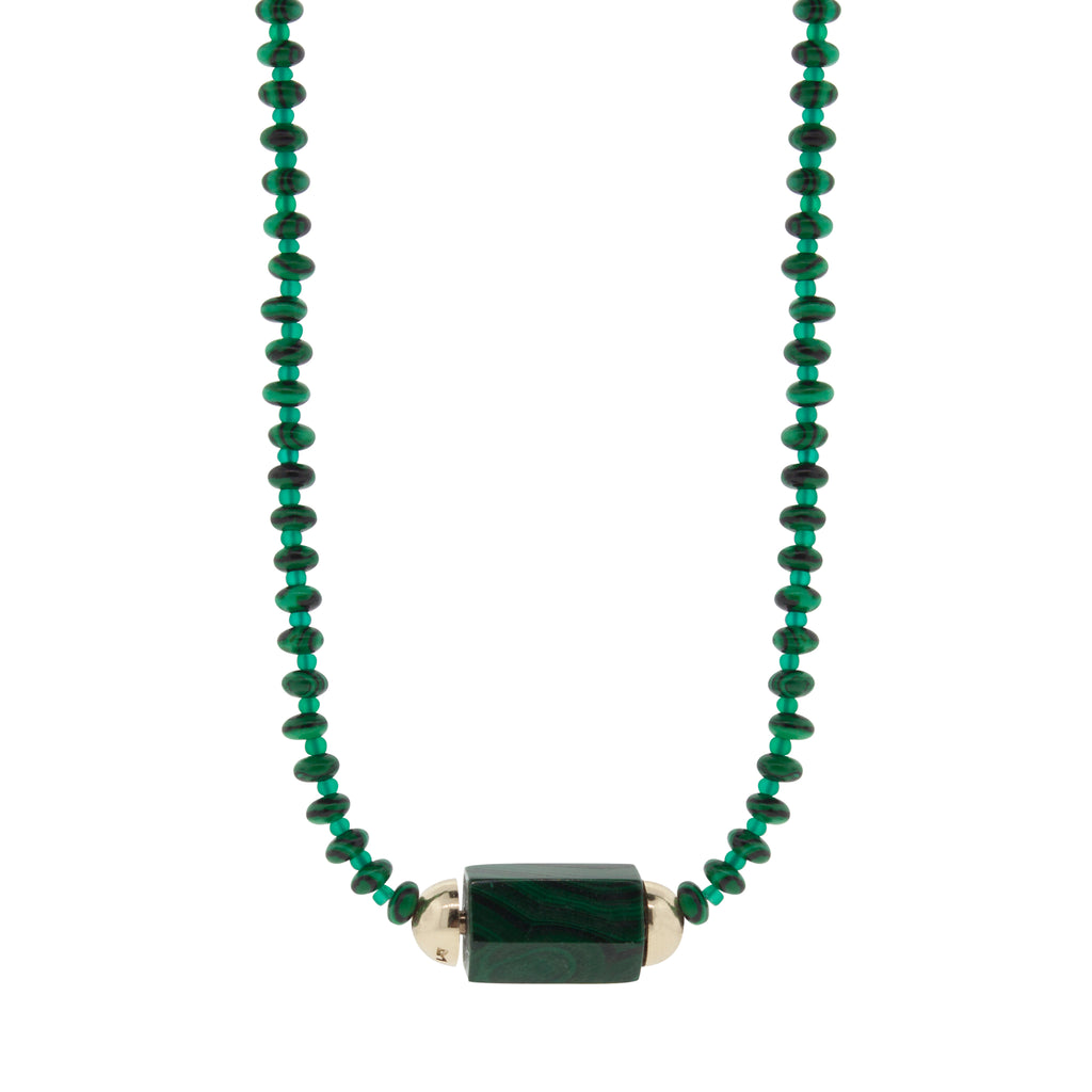 LUIS MORAIS 14K yellow gold malachite hexagon gemstone bolt bead on a 27 inch gemstone and glass beaded necklace.