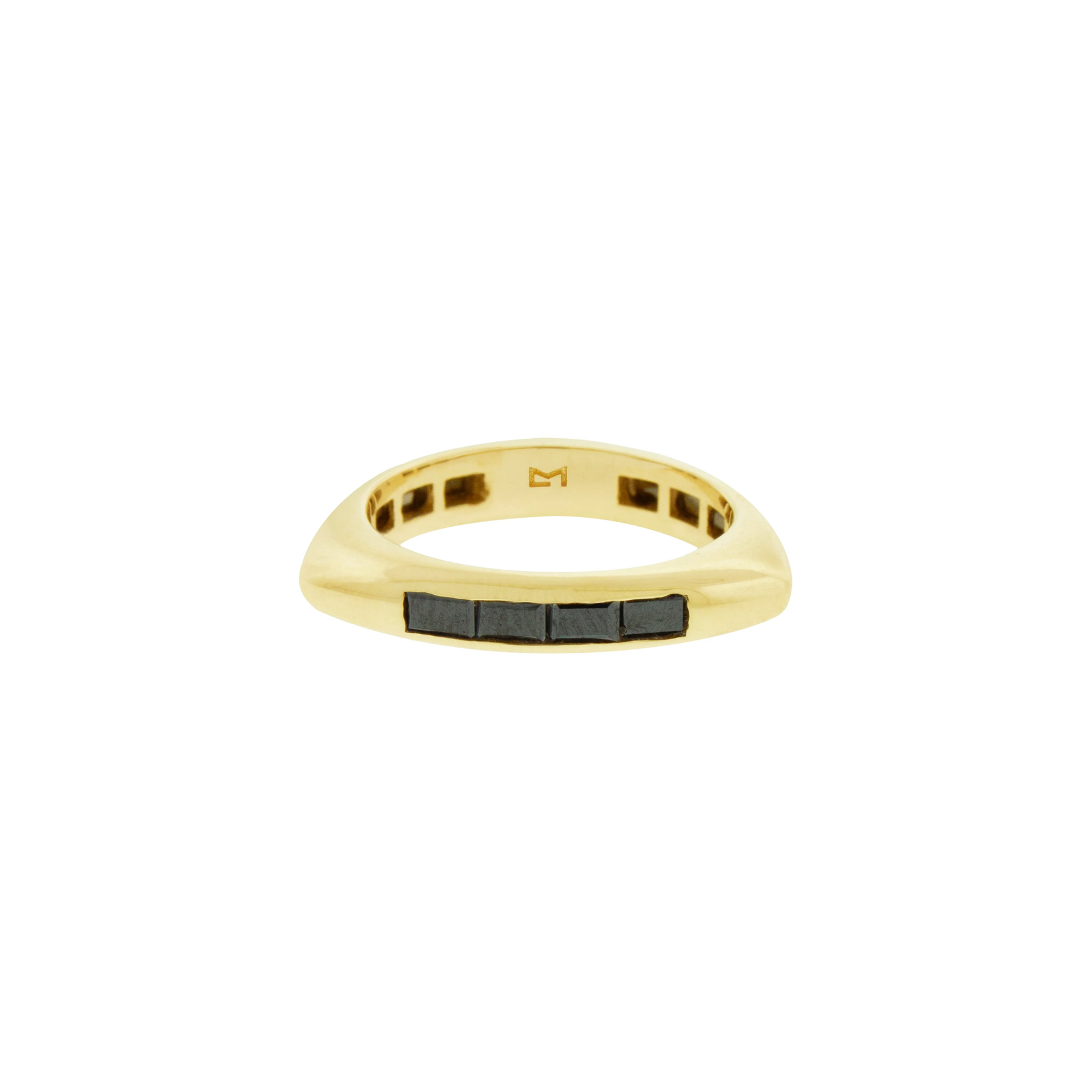 LUIS MORAIS 14k Yellow gold triangle ring with black diamond baguettes.