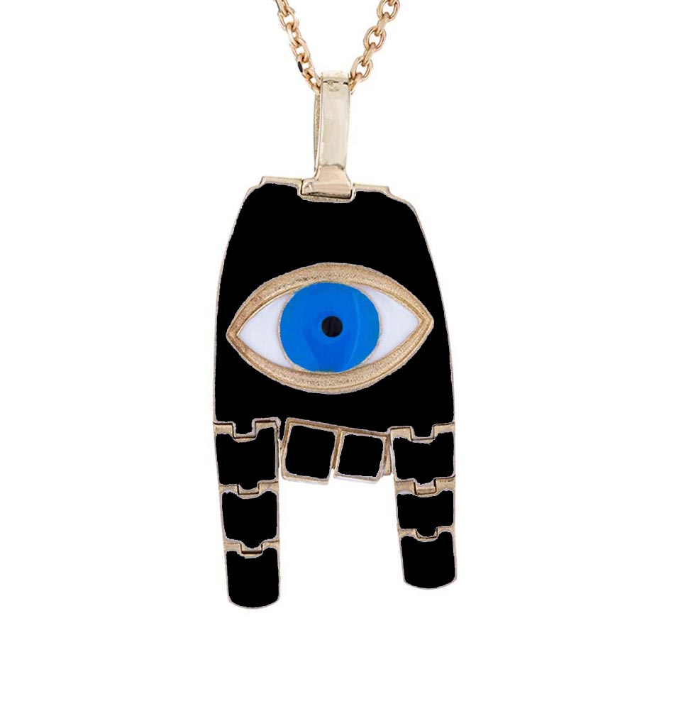 Petit collier pendentif main articulé noir émaillé