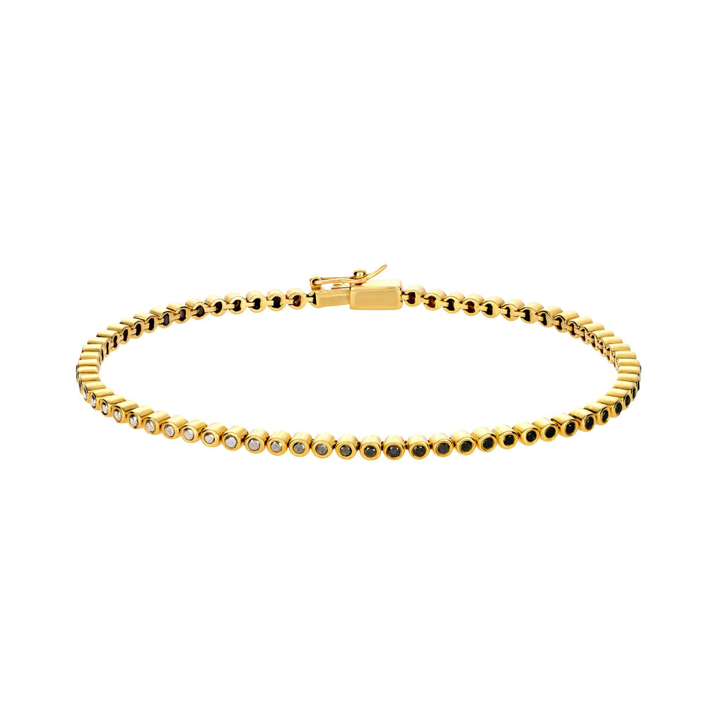 LUIS MORAIS 14K yellow gold tennis bracelet with round white, grey, and black diamonds.