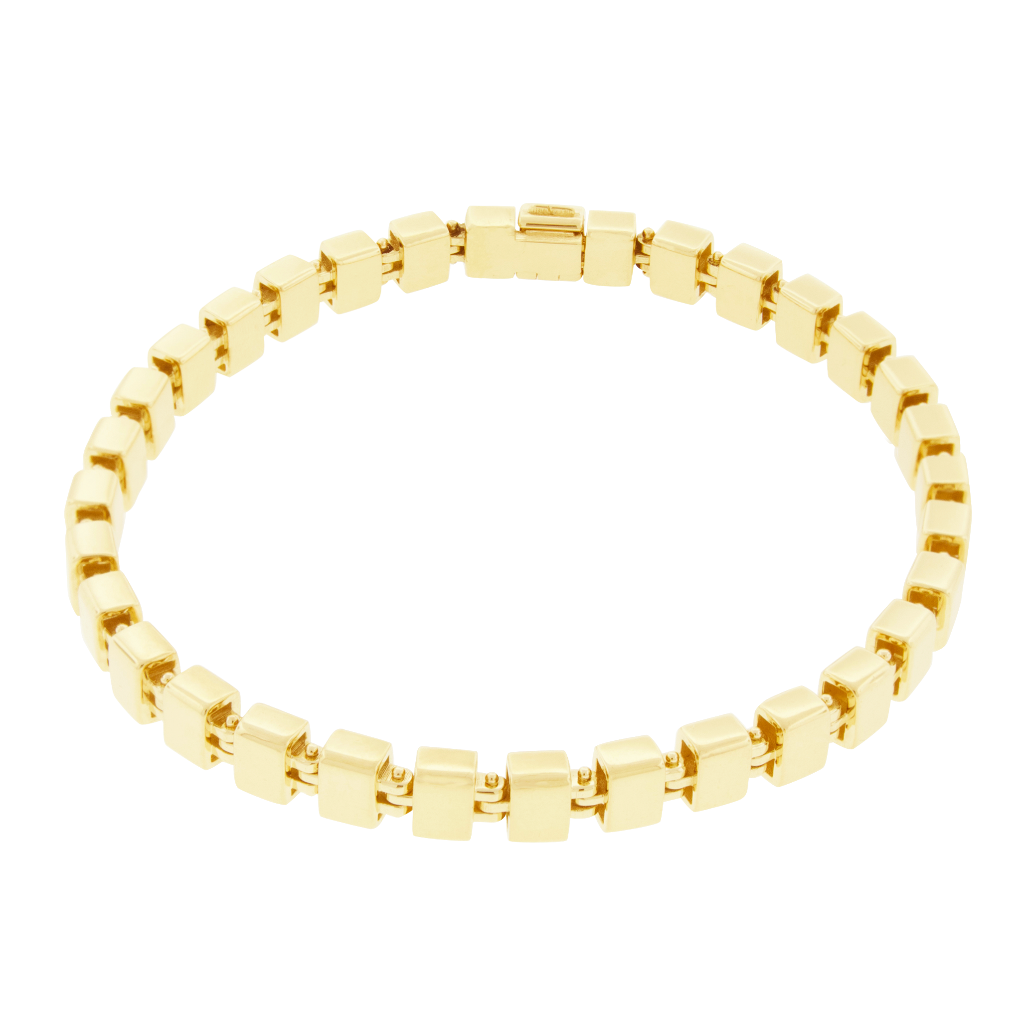A 14k yellow gold Ingot link bracelet with a polished finish.