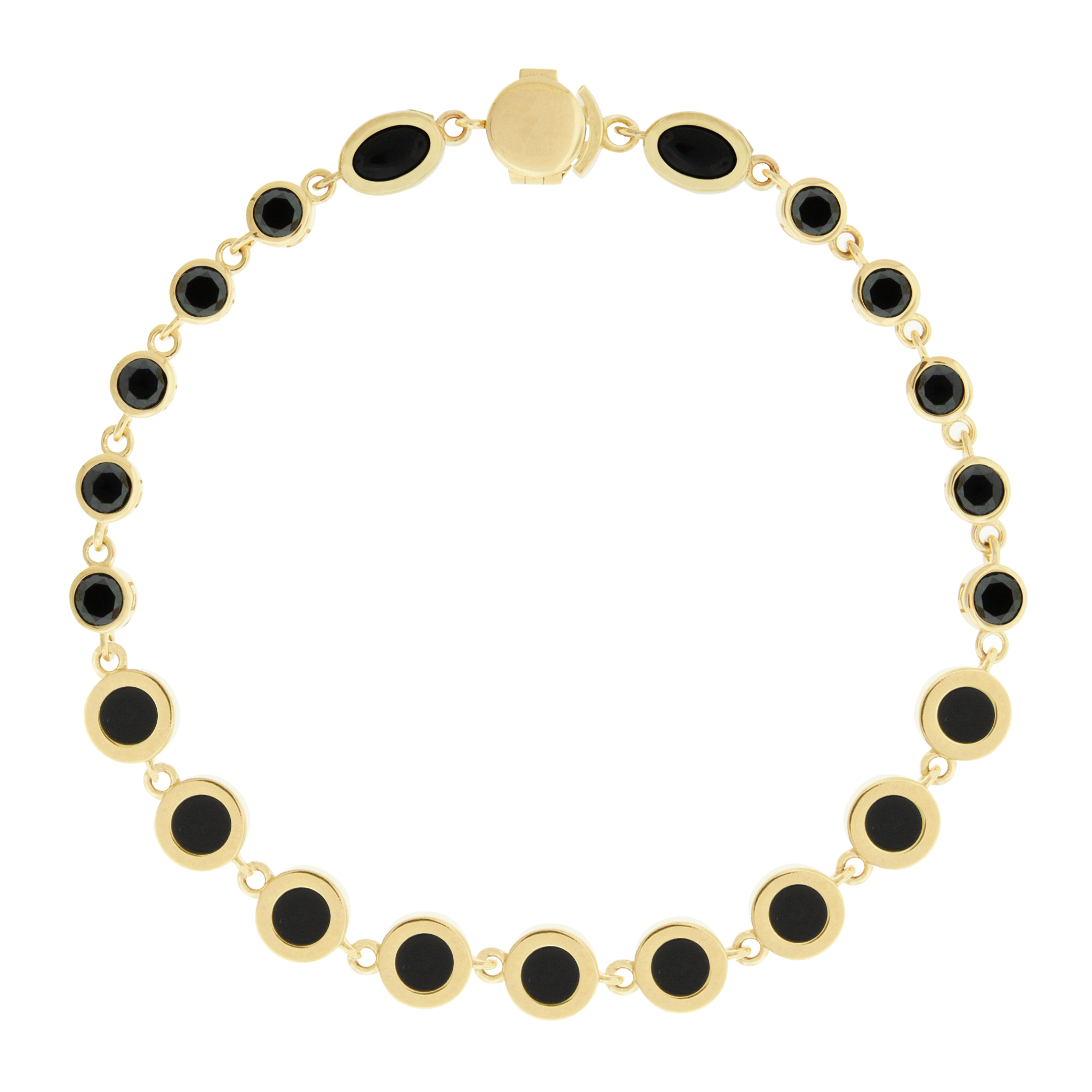 LUIS MORAIS 14k yellow gold bracelet featuring carved round and oval gemstones and round diamonds. Our unique clamshell clasp closure provides added security with its sleek design.