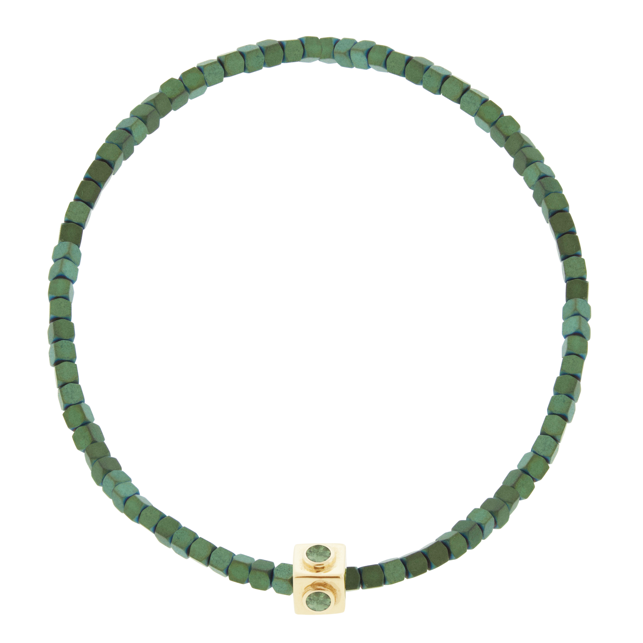 LUIS MORAIS 14k yellow gold Lego cube with four multicolor Sapphire sides &nbsp;on a small Hematite beaded bracelet.