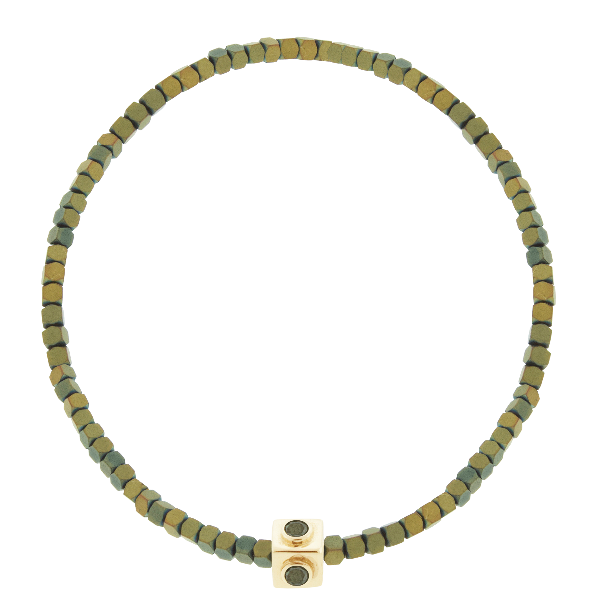 LUIS MORAIS 14k yellow gold Lego cube with four black diamond sides on a small Hematite beaded bracelet.
