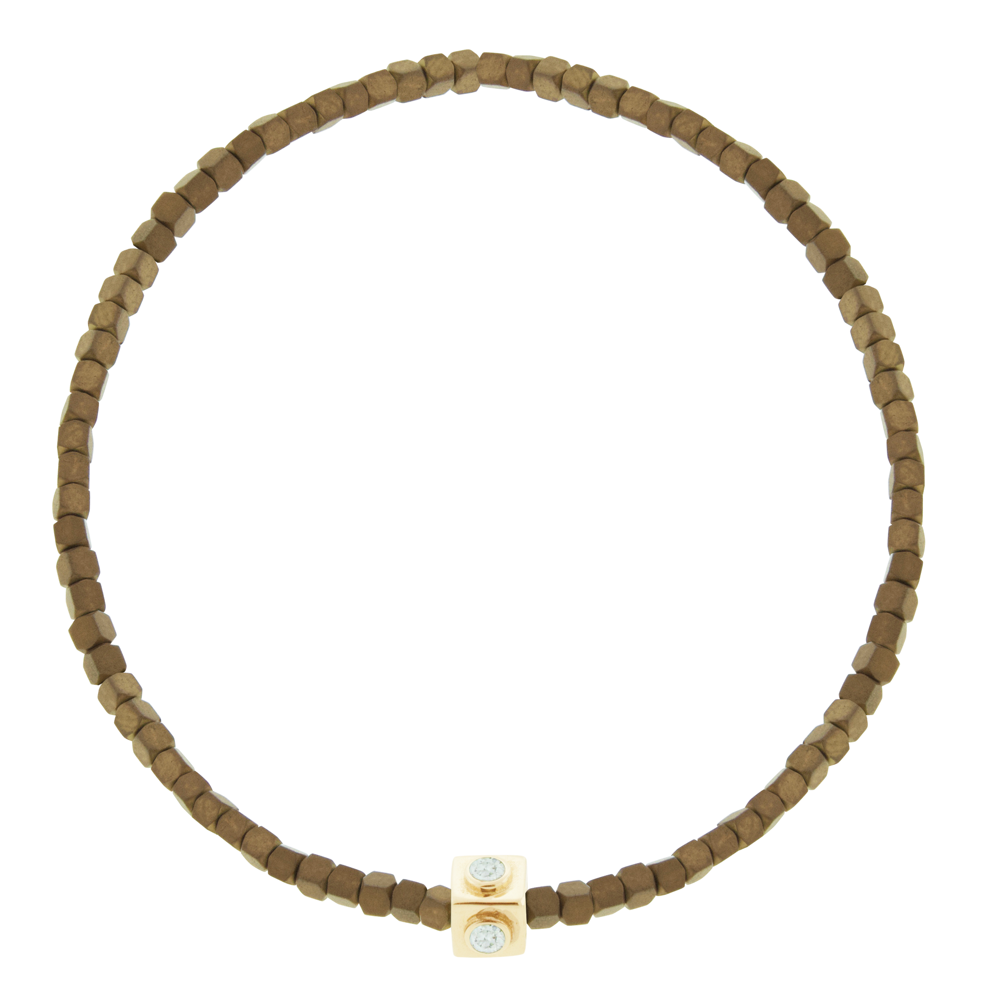 LUIS MORAIS 14k yellow gold Lego cube with four white diamond sides &nbsp;on a small Hematite beaded bracelet.