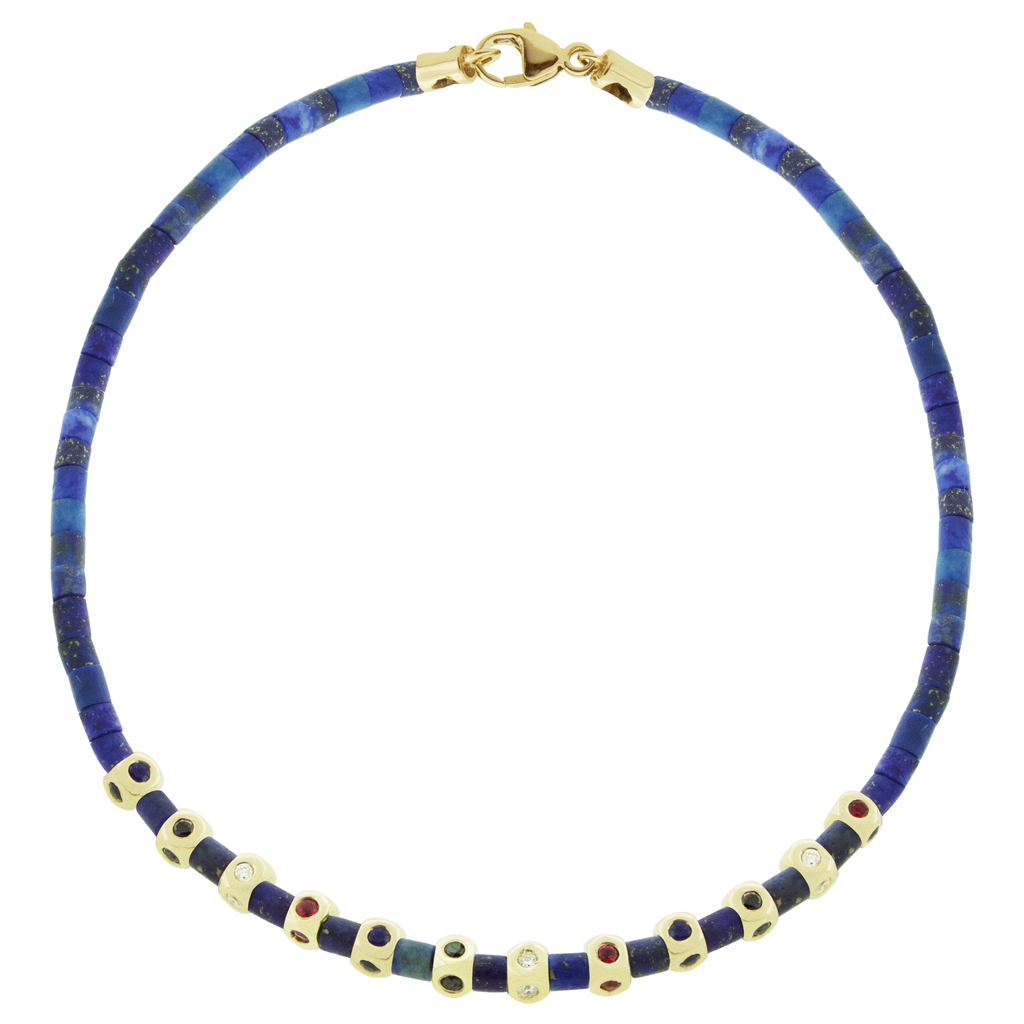 LUIS MORAIS 14k yellow gold mini Tetras with white diamonds, black diamonds, blue sapphires, and rubies on a gemstone beaded bracelet with a 14k yellow gold clasp.