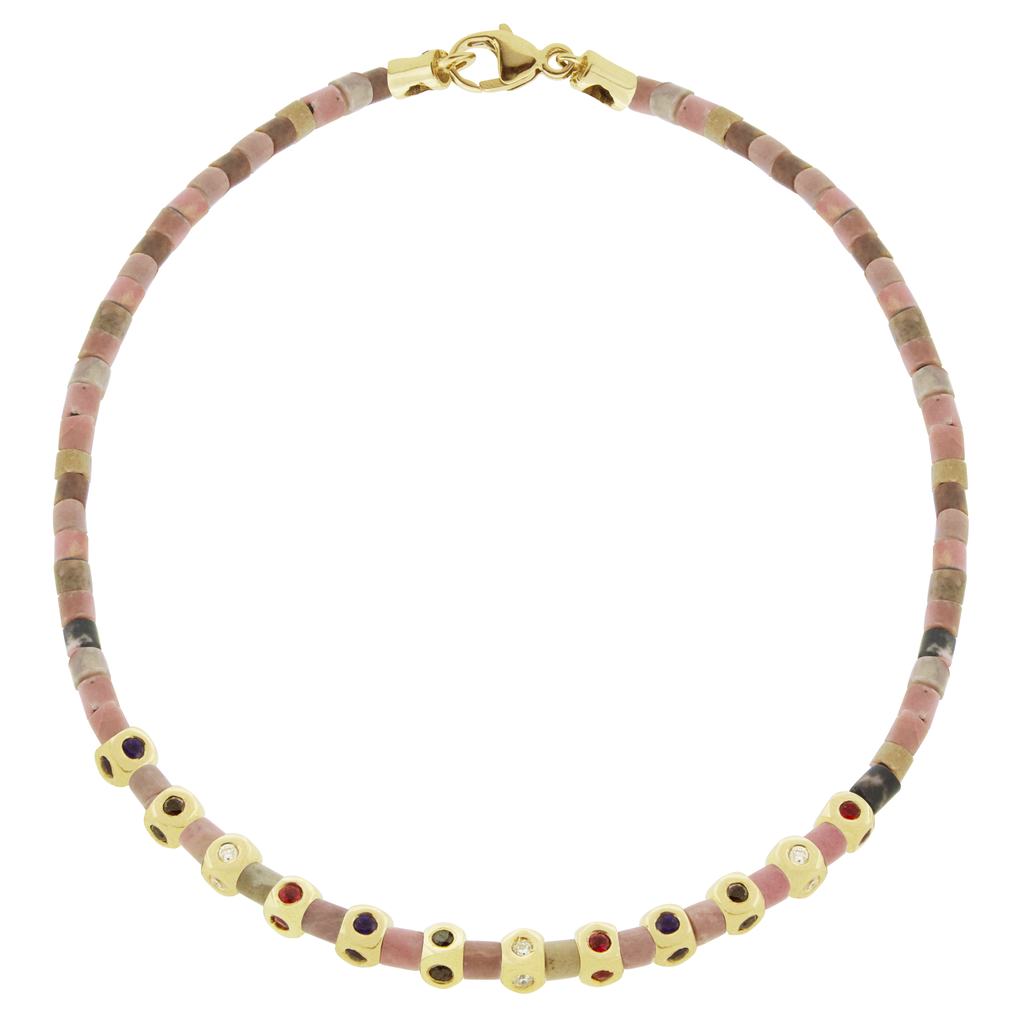 LUIS MORAIS 14k yellow gold mini Tetras with white diamonds, black diamonds, blue sapphires, and rubies on a gemstone beaded bracelet with a 14k yellow gold clasp.