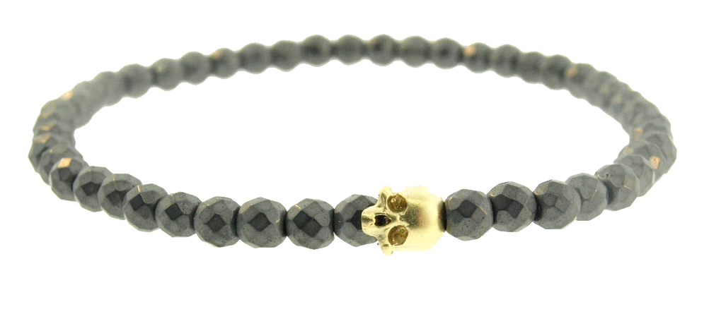 Demi-crâne d’or sur bracelet perlé hématite