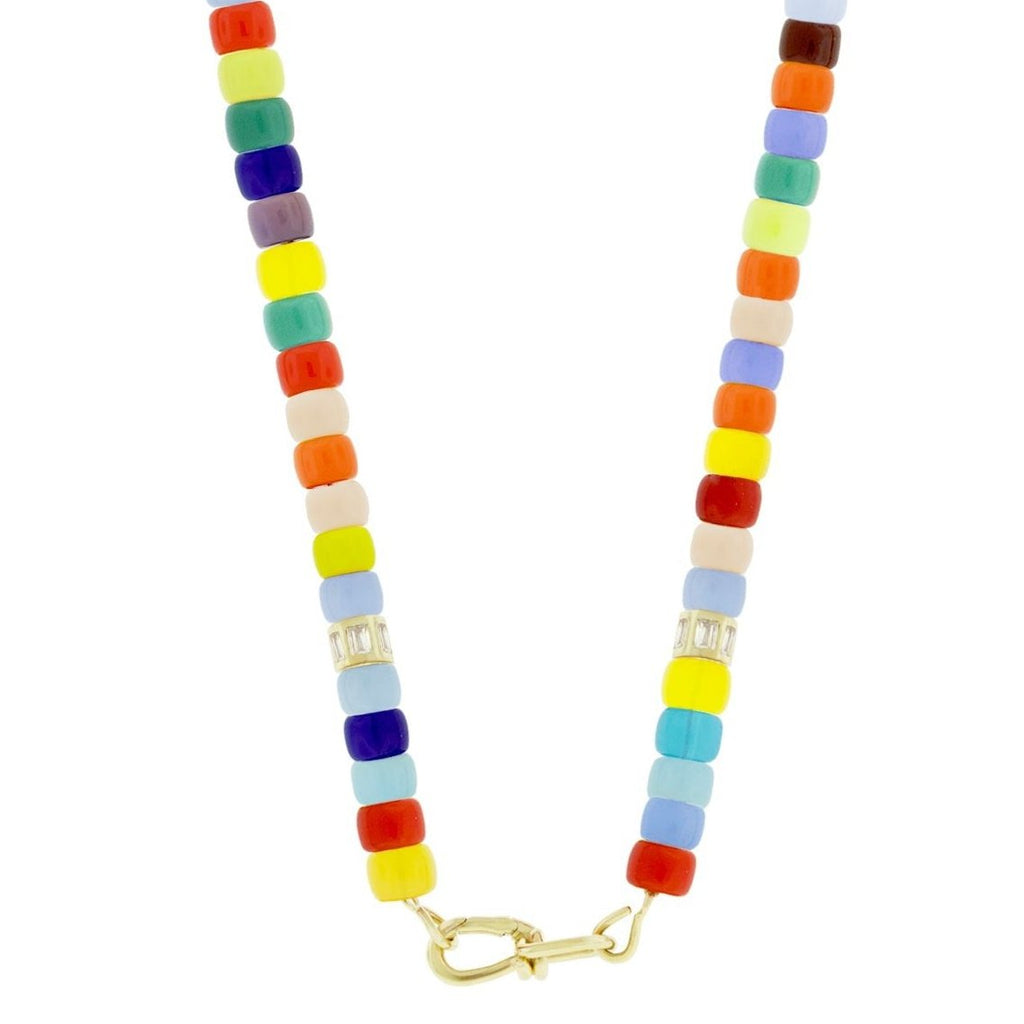 LUIS MORAIS 14k yellow gold wire clasp on a glass beaded necklace with two white diamond baguette barrels.