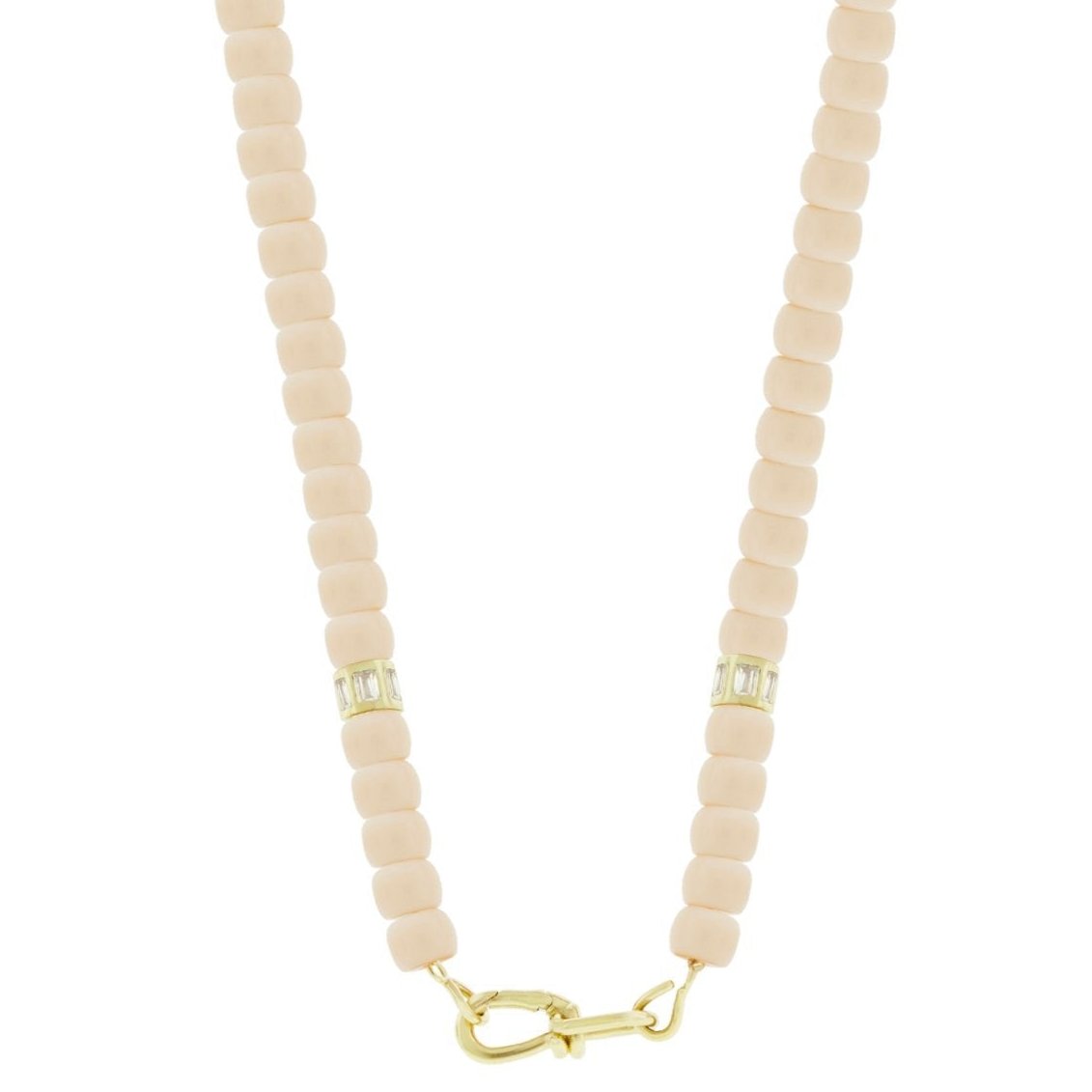 LUIS MORAIS 14k yellow gold wire clasp on a glass beaded necklace with two white diamond baguette barrels.