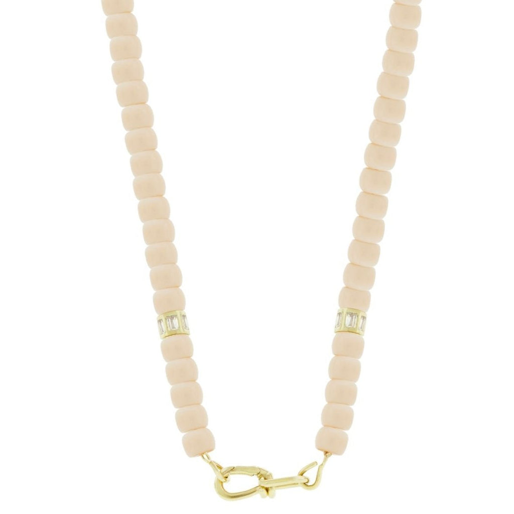 LUIS MORAIS 14k yellow gold wire clasp on a glass beaded necklace with two white diamond baguette barrels.