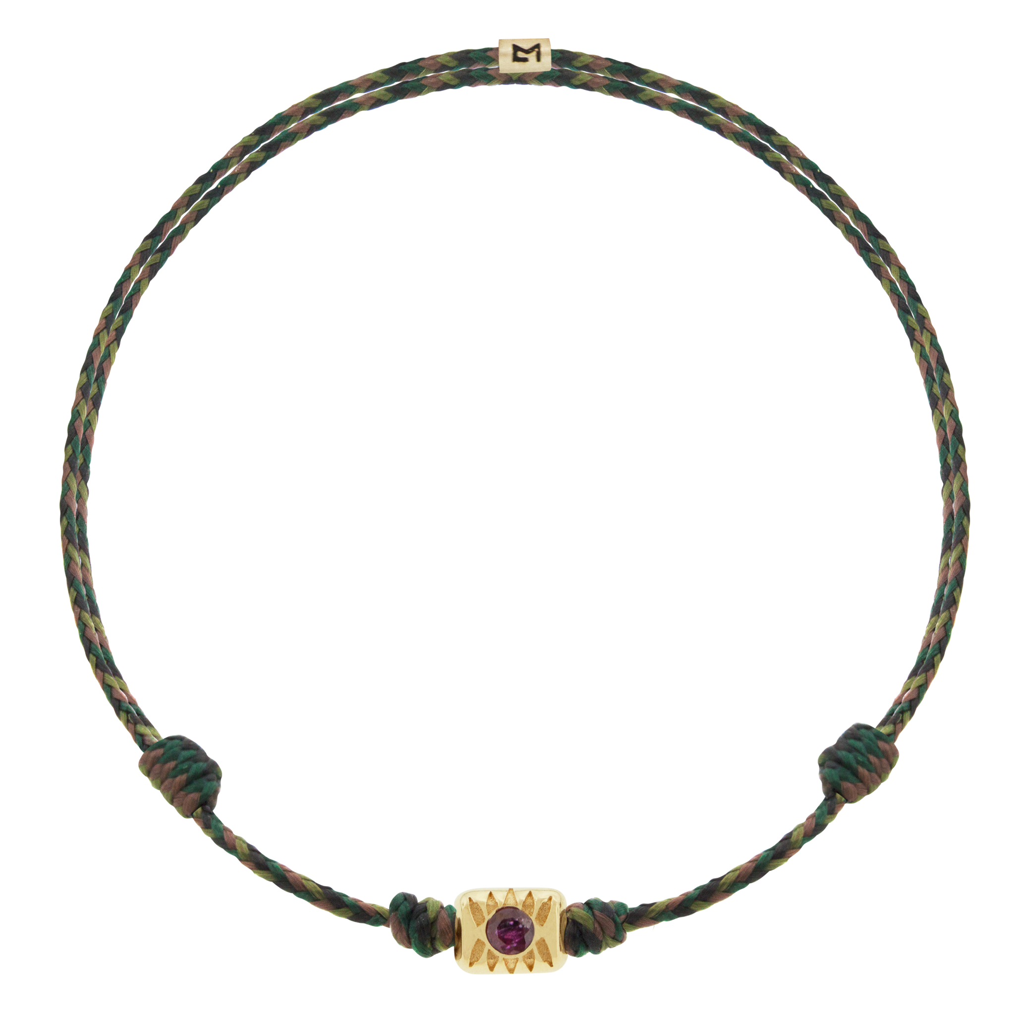 LUIS MORAIS 14k yellow gold eye ingot with a round Ruby&nbsp;center on an adjustable cord bracelet.