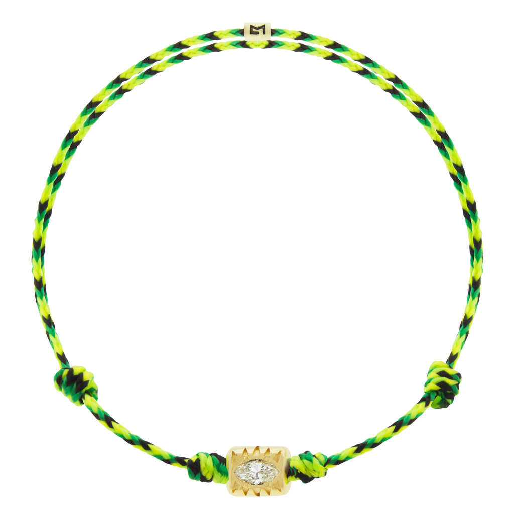 LUIS MORAIS 14k yellow gold eye ingot with a marquise white Diamond center on an adjustable cord bracelet.
