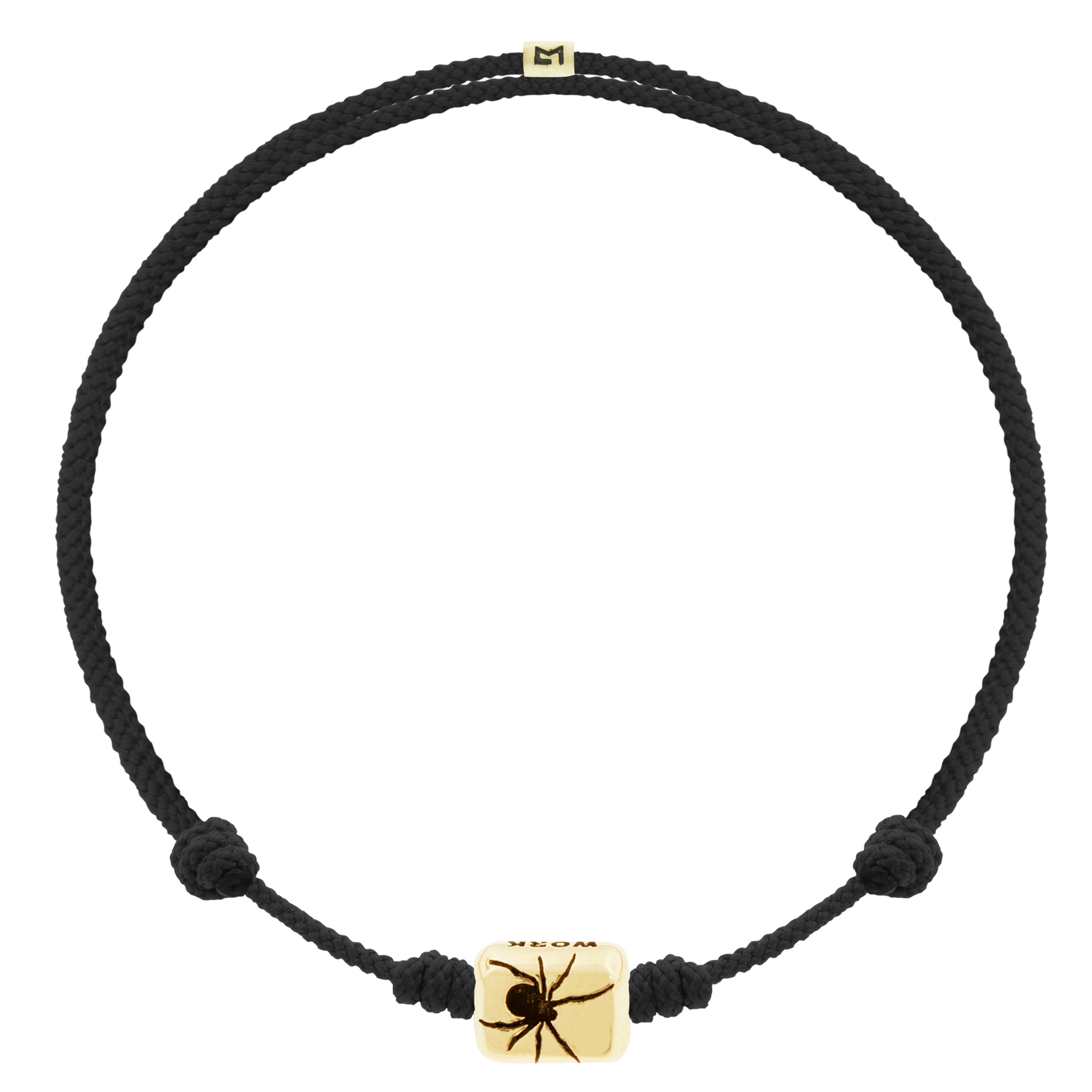 LUIS MORAIS 14k yellow gold ingot with a recessed spider symbol and antiqued sayings on an adjustable cord bracelet.