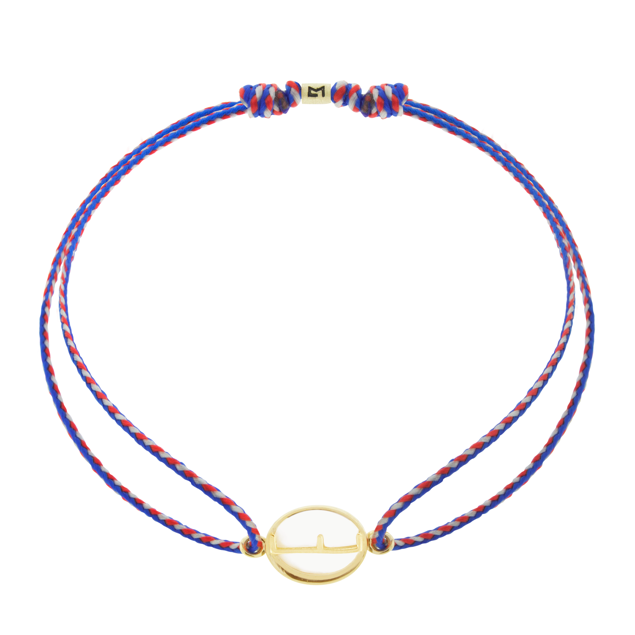 LUIS MORAIS 14k yellow gold large framed initial oval with a Mother of Pearl backing on a cord bracelet. Make this bracelet uniquely yours by choosing your initial and cord color below!