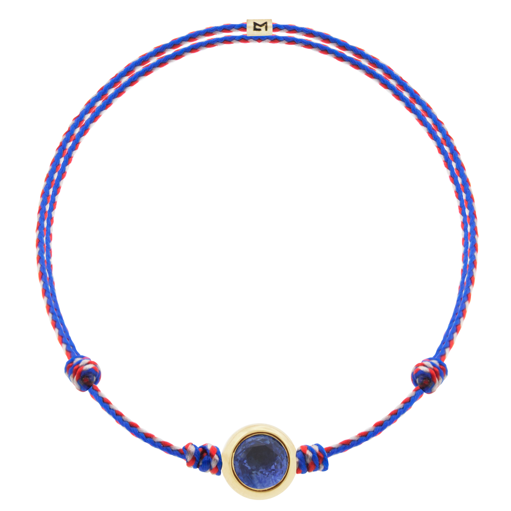 Perle ronde en saphir bleu sur bracelet cordon RWB