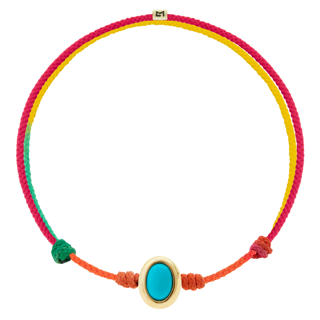 LUIS MORAIS 14k yellow oval cabochon <em>Eye of the Idol</em> bead with a Turquoise gemstone center on an adjustable cord bracelet.