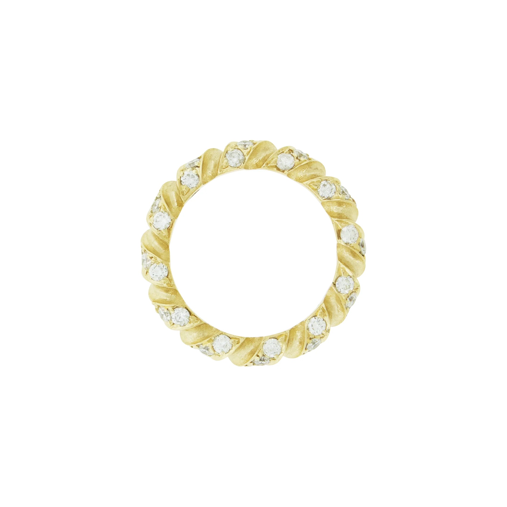 LUIS MORAIS 14k yellow gold drill bit band with white diamonds. The drill bit design is symbolic of digging deeper into oneself and life’s challenges. It represents resilience and the pursuit of discovery, encouraging the wearer to push through obstacles and uncover hidden truths.