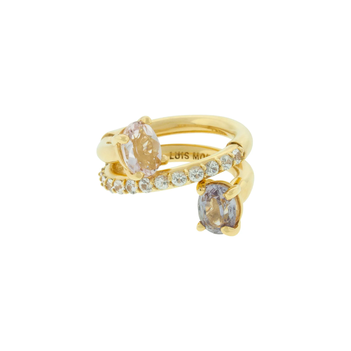 LUIS MORAIS 14K Yellow Gold Romeo and Juliet Ring with one band of sapphires and&nbsp; spinel and morganite ends.

The Spinel (blue stone) is approximately 1.69 CT and the Morganite (light stone) is approximately 1.5 CT.

If any other size is needed, please reach out to customer service.&nbsp;

Please note that not all natural stones are the same, so there might be slight variations in stone shape and shade of color.&nbsp;

This item will take up to three weeks to ship.