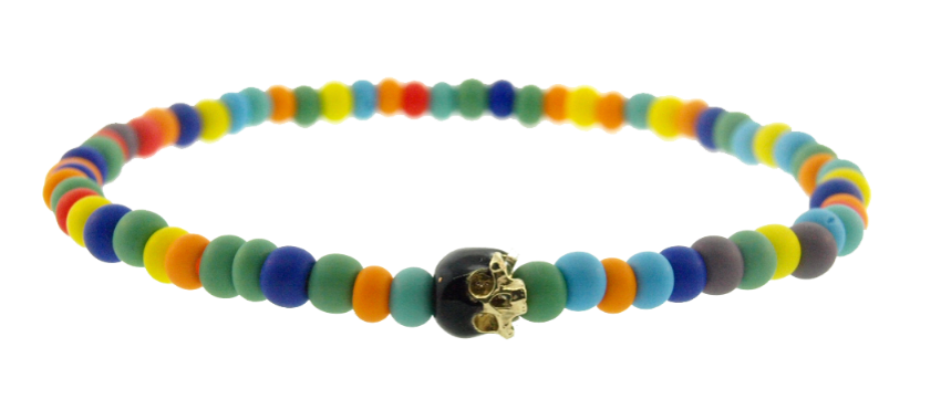 LUIS MORAIS 14k white gold G6 side half-skull with white enamel on a multicolor glass beaded bracelet.  *If you require a size that is not available in the options provided, please indicate your preferred size in the designated text box during checkout.