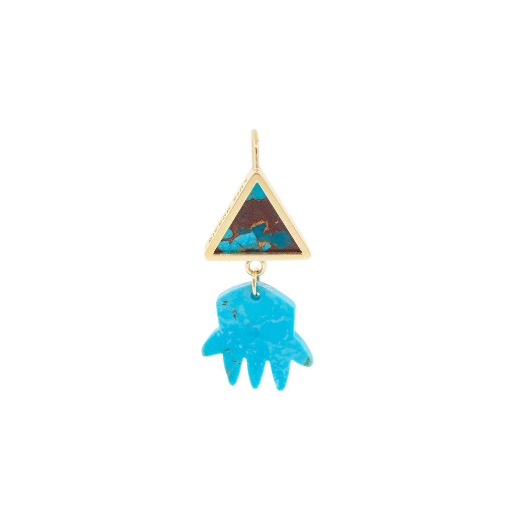 LUIS MORAIS 14k yellow gold triangle earring with an Oyster Turquoise gemstone backing and a hanging Turquoise hand. &nbsp;Sold individually.