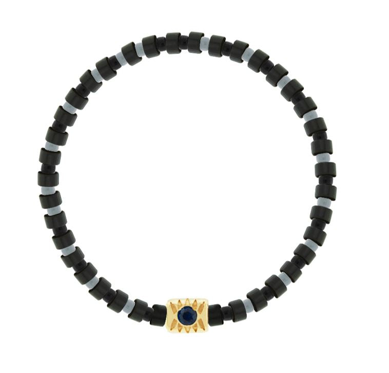 LUIS MORAIS 14k yellow gold eye ingot with a round blue sapphire on a gemstone and glass beaded bracelet.