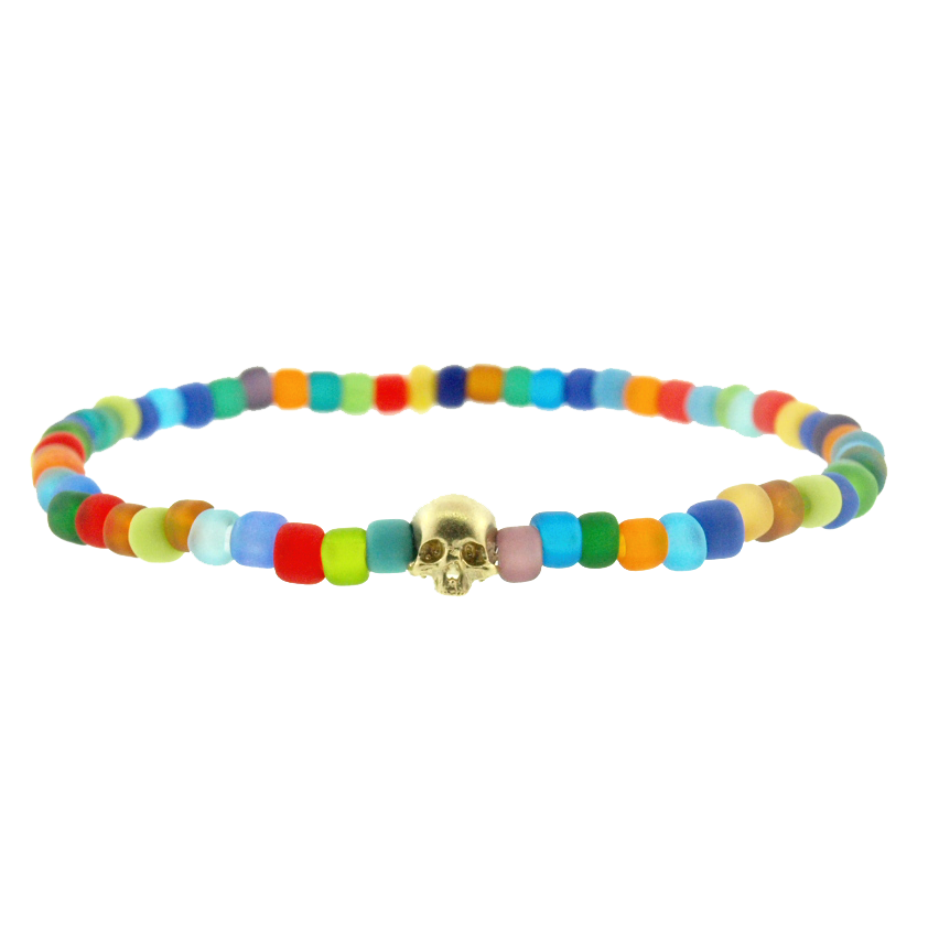 LUIS MORAIS 14k yellow gold G6 half-skull with satin finish on frosted multicolor&nbsp; glass&nbsp;beaded bracelet.
