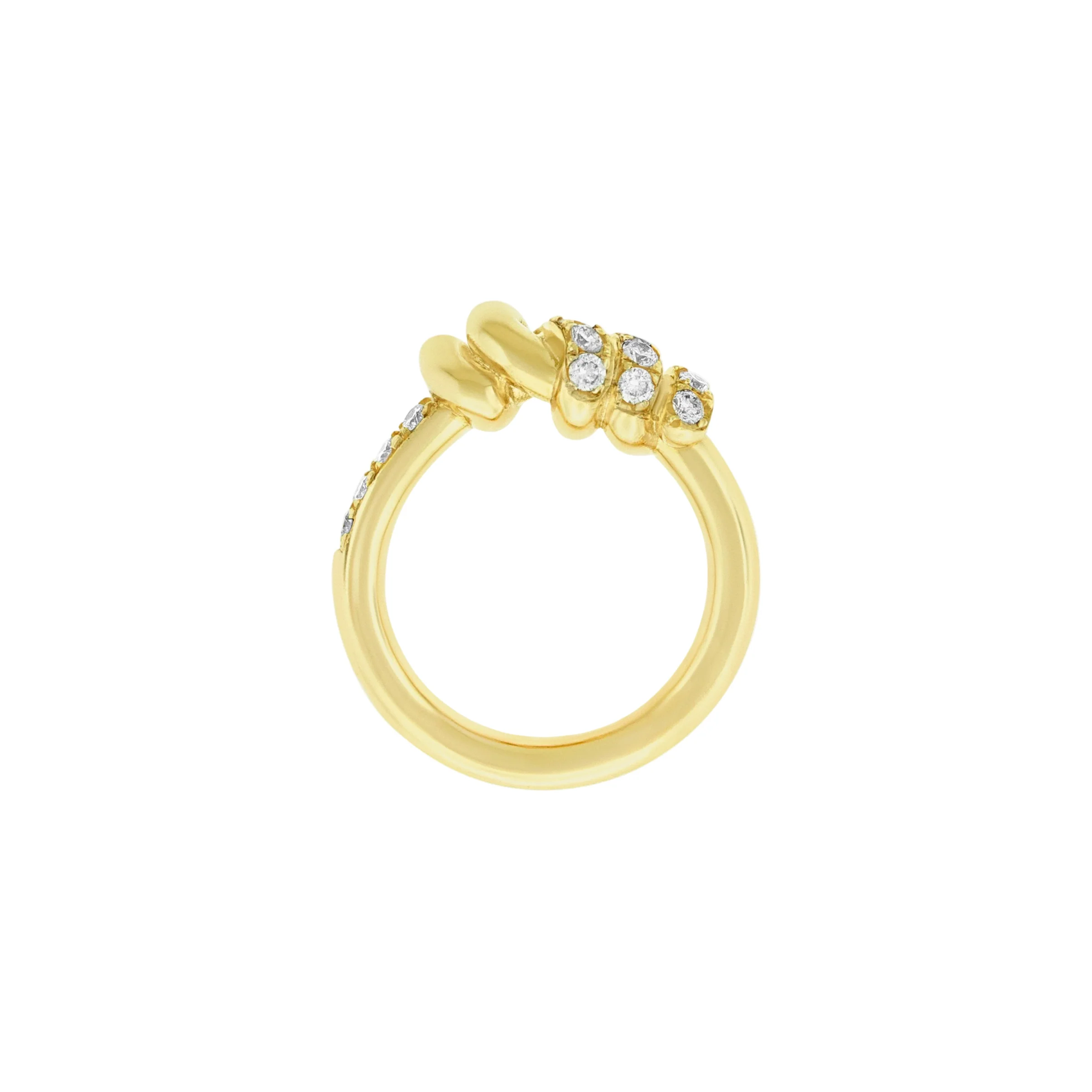 LUIS MORAIS 14k yellow gold thin Entangled Knot ring with white diamond accents.&nbsp;This ring features an entangled knot, symbolizing the interconnectedness of life, love, and destiny. The design represents how our paths, though complex, are ultimately bound together in a shared journey. A meaningful reminder of the strength found in togetherness the bonds that hold us together.

Polished gold finish&nbsp;
White diamonds, 0.45 carats
Band width: 2 mm