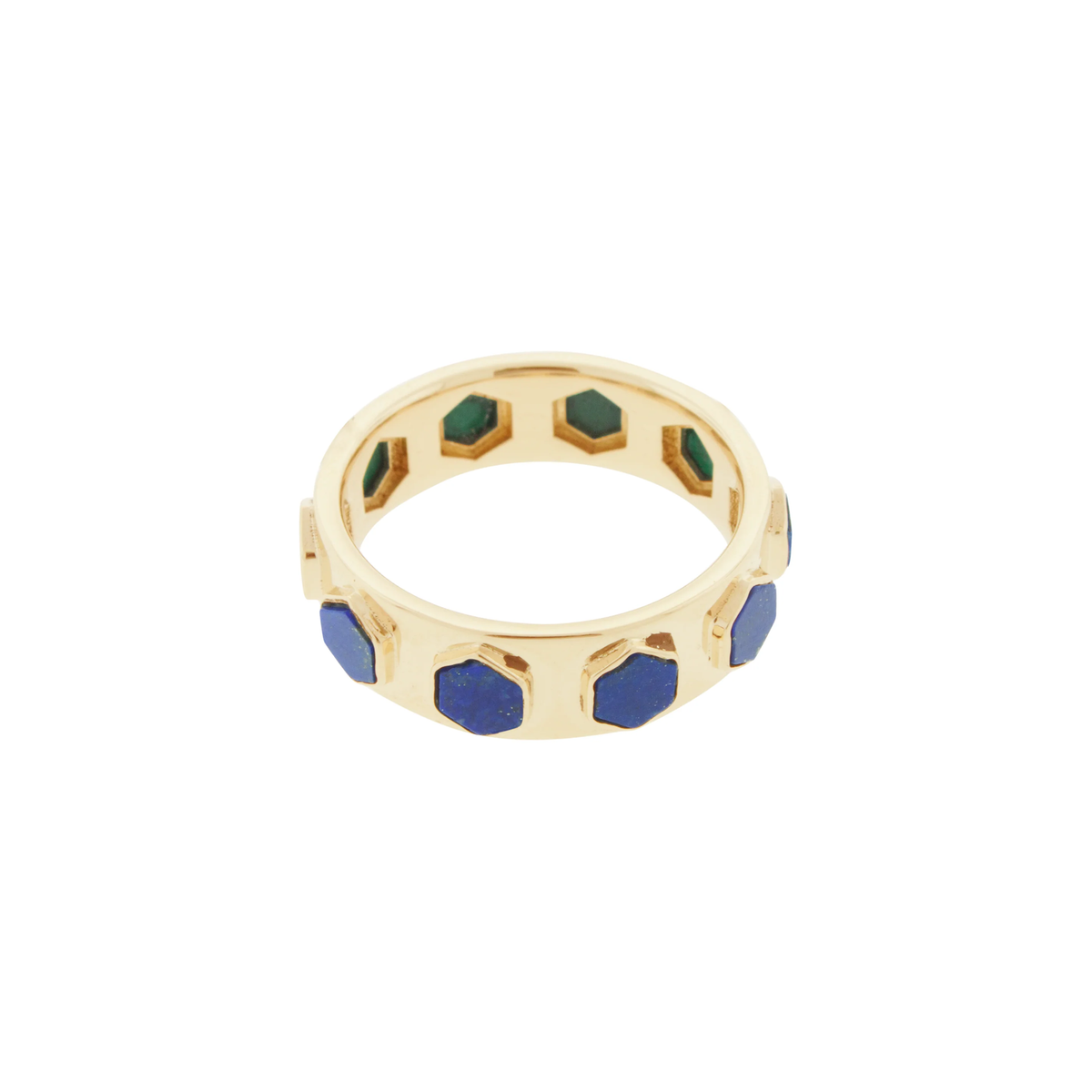 LUIS MORAIS 14k yellow gold Lego ring with half hexagon Lapis and half Malachite gemstones.
