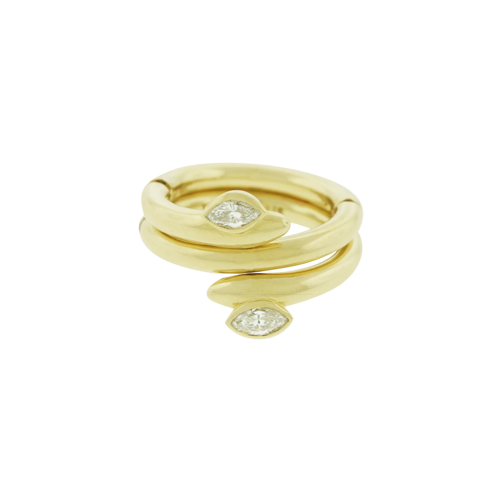Sleek and sculptural, this Serpentine Ring is crafted in solid 14k yellow gold and features two marquise-cut white diamonds. The flexible design can be worn across up to three fingers. A bold, modular piece that merges clean lines with edge.

Polished gold finish
White diamonds, 0.50 carats
Band width (uncoiled): 3mm